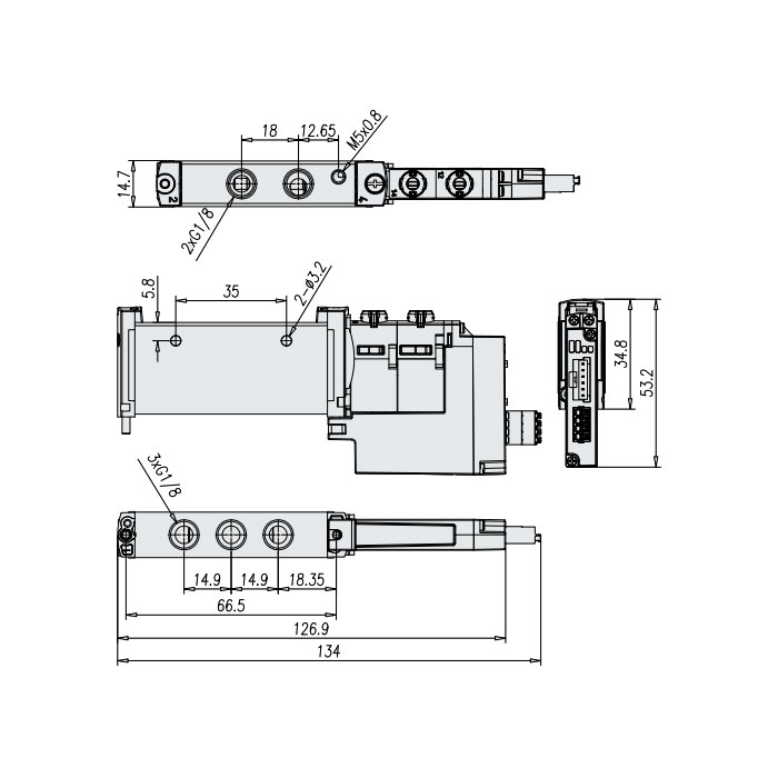 管式阀G1/8 (IP20-端子式)、两位五通阀，单电控、外先导、机械弹簧复位、FVG-L14-M52-M-Z-G18-AN、7142041201