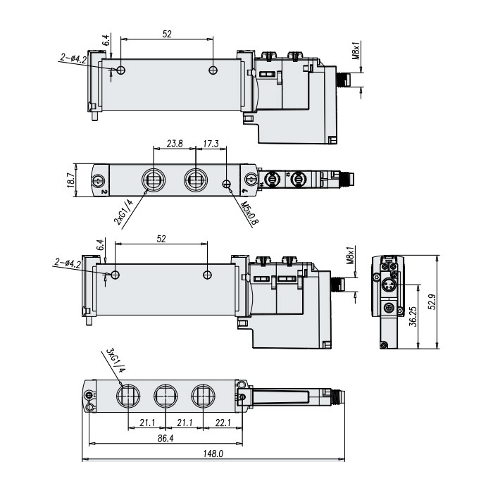 管式阀G1/4、两位五通阀，单电控、外先导、机械弹簧复位、FVG-L18-M52-M-Z-G14-M2、7182041207