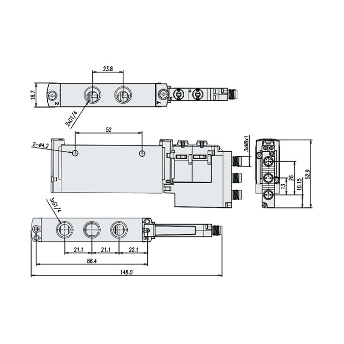 管式阀G1/4、三位五通阀、内先导、中泄式、FVG-L18-P53E-G14-MN、7180081005