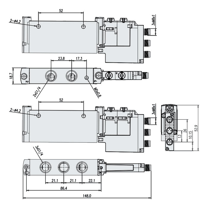 管式阀G1/4、三位五通阀、外先导、中封式、FVG-L18-P53C-Z-G14-MP、7182061004