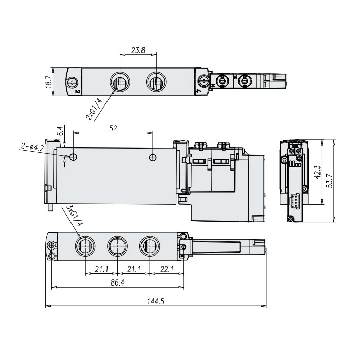 管式阀G1/4 (IP20-端子式)、两位五通阀，单电控、内先导、机械弹簧复位、FVG-L18-M52-M-G14-A1、7180041203