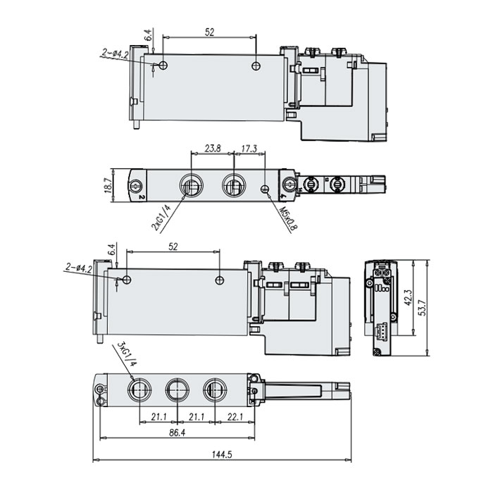 管式阀G1/4 (IP20-端子式)、2x两位三通阀、外先导、常开，气复位、FVG-L18-T32U-A-Z-G14-A1、7182021103