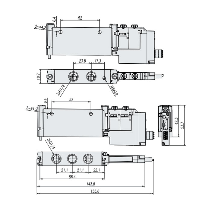 管式阀G1/4 (IP20-端子式)、2x两位三通阀、外先导、常开，气复位、FVG-L18-T32U-A-Z-G14-AP、7182021102