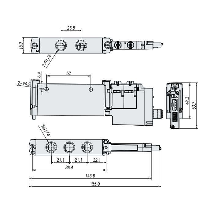 管式阀G1/4 (IP20-端子式)、2x两位三通阀、内先导、常闭，机械弹簧复位、FVG-L18-T32C-M-G14-AP、7180011202