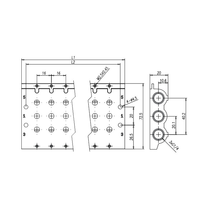 气路板、4个阀位、用于管式阀, 适用规格G1/8、FVG-L1-14S-G14-4、1561404