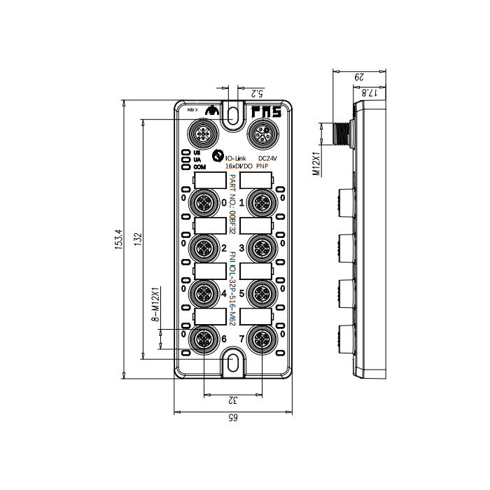 M12接口、IO-Link从站、PNP、16xDI/DO 可配置、00BF32