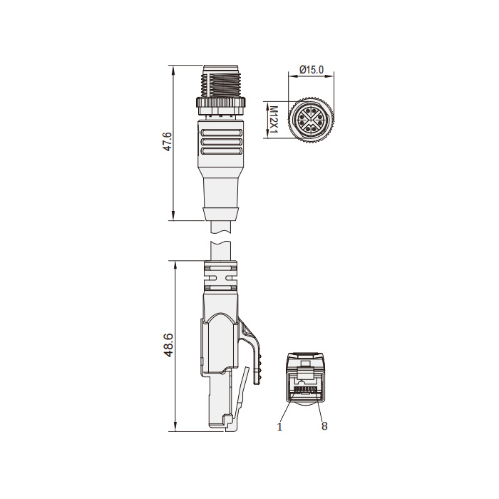M12 8Pin  公头直型、X-coded 转RJ45公头直型、双端预铸TPE柔性电缆、带屏蔽、绿色护套、Cat.6a 10Gbps、0CF461-XXX