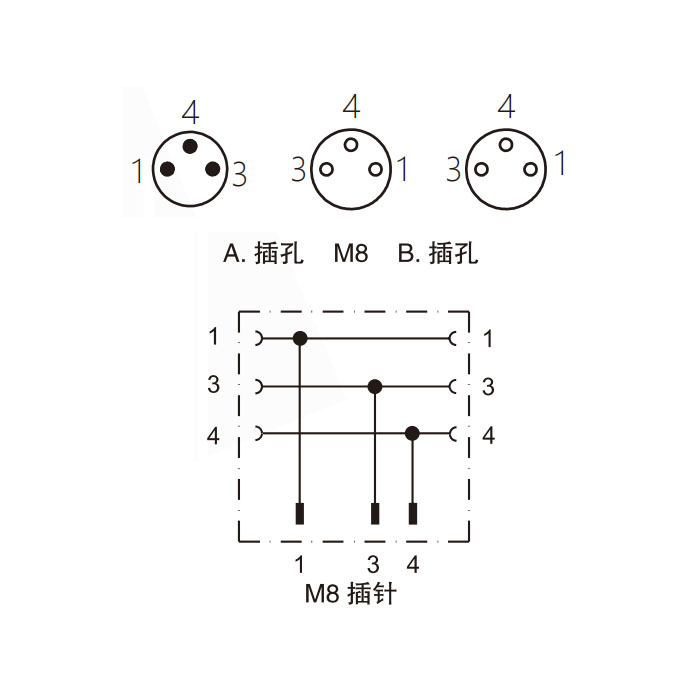 M8 3Pin公头/2M8 3Pin母头、Y型预铸PUR拖链电缆、黑色护套、63D341-XXX
